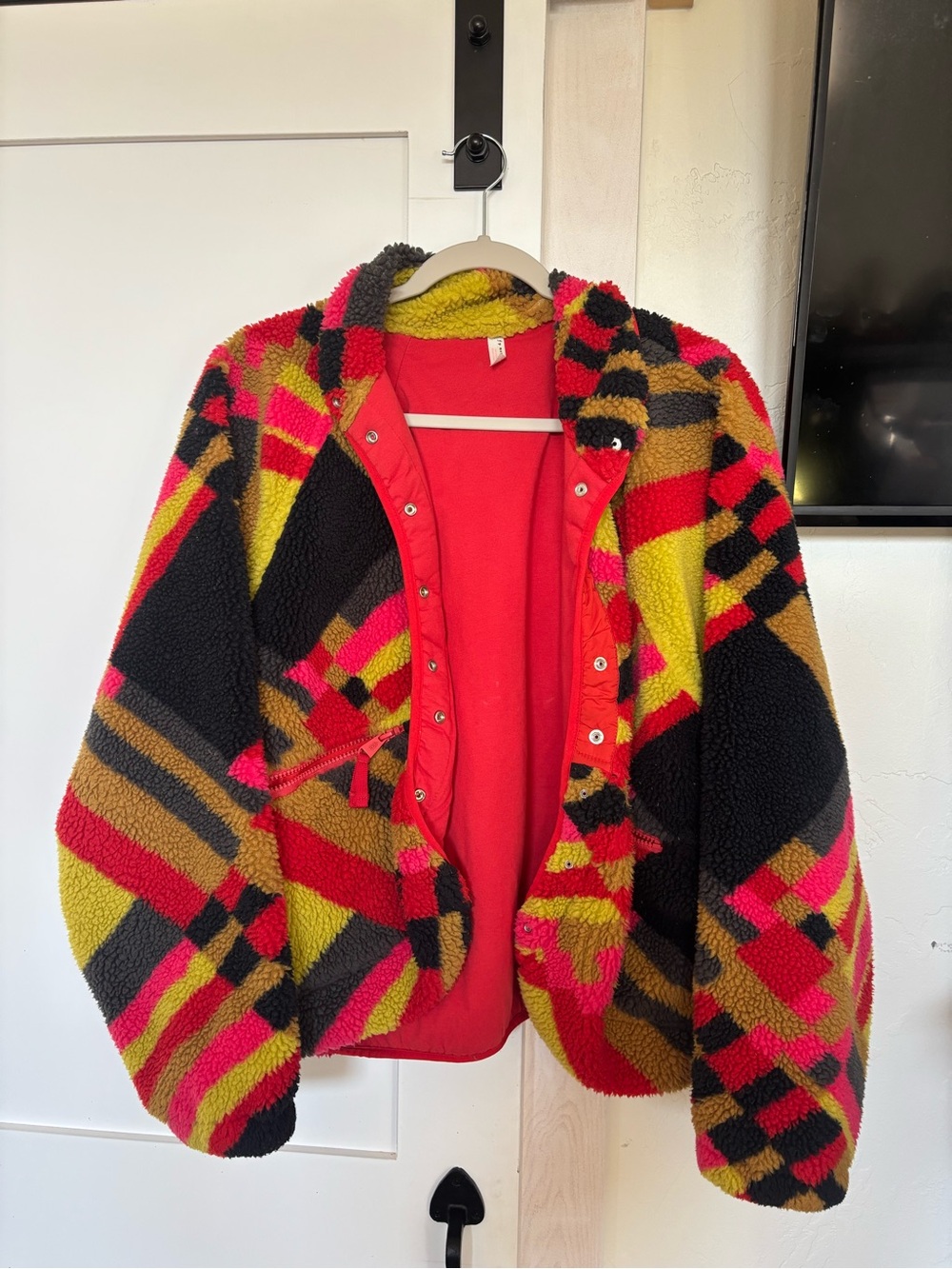 FP Movement by Free People Plush Plaid Sherpa Jacket - Red, Black & Yellow